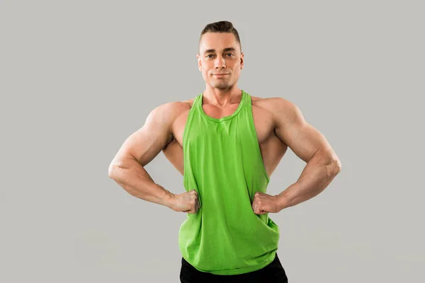 Handsome Athletic Man Muscles Green Vest — Stock Photo, Image