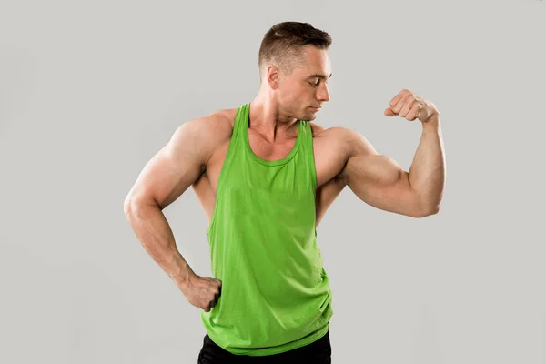 Handsome Athletic Man Muscles Green Vest — Stock Photo, Image