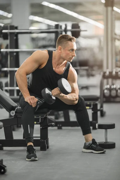 handsome man in good shape with muscles in the gym exercising exercises with dumbbells