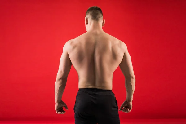 handsome young man in sports athletic form stands on his back against a red background