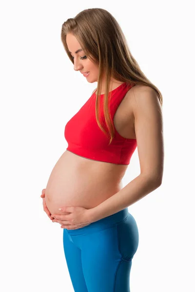 Vacker Ung Gravid Kvinna Vit Bakgrund — Stockfoto