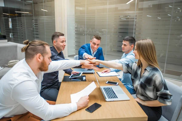 Team Young Adult People Managers Work Indoors Hold Hands — Stock Photo, Image