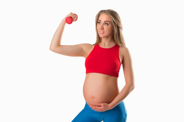 Vacker Ung Gravid Kvinna Med Hantel Handen Vit Bakgrund — Stockfoto