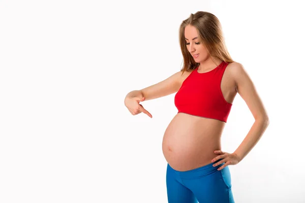 Vacker Ung Gravid Kvinna Vit Bakgrund — Stockfoto