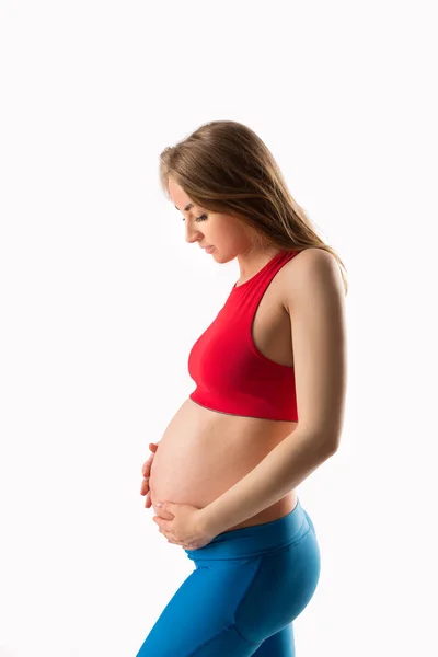 Vacker Ung Gravid Kvinna Vit Bakgrund — Stockfoto