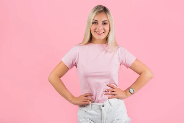 Beautiful Young Woman Pink Background — Stock Photo, Image