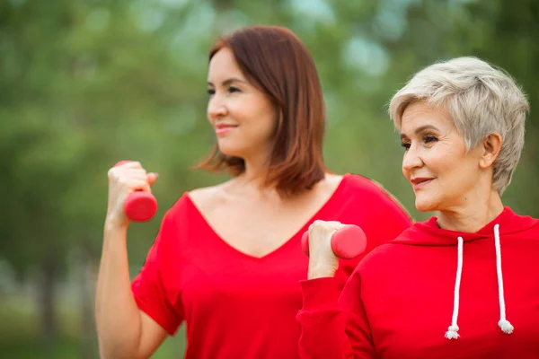 Dos Hermosas Mujeres Adultas Haciendo Deportes Con Mancuernas Parque Verano — Foto de Stock