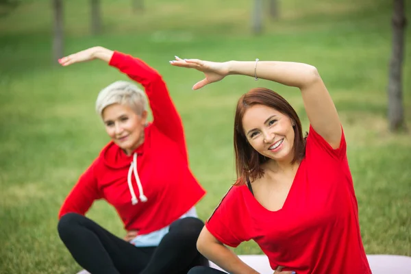 Zwei Schöne Erwachsene Frauen Treiben Sport Sitzend Auf Matten Sommerpark — Stockfoto