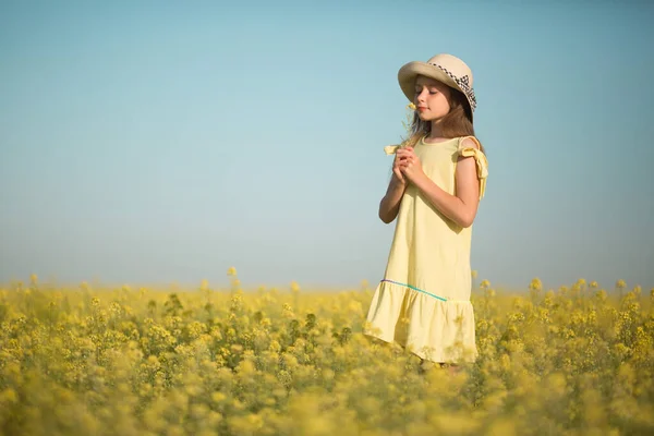 Retrato Uma Bela Adolescente Chapéu Campo Amarelo — Fotografia de Stock