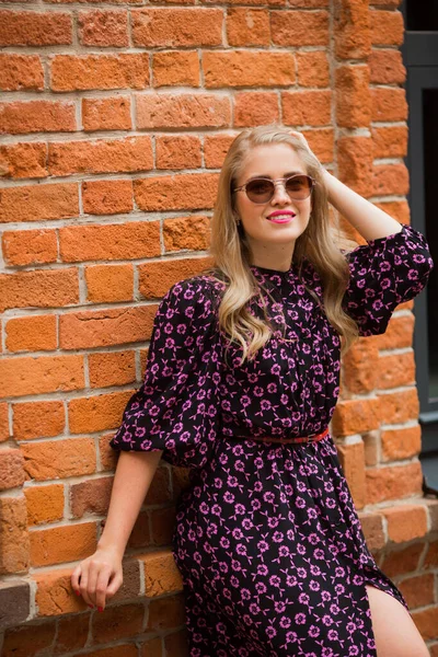 Beautiful Young Female Makeup Summer Dress Sunglasses Brick Wall Background — Stock Photo, Image