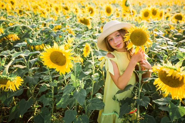 Красива Молода Дівчина Підліток Капелюсі Полі Соняшників Влітку — стокове фото