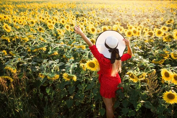 Красива Молода Жінка Червоній Сукні Капелюсі Полі Соняшниками — стокове фото