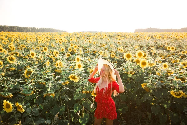 Красива Молода Жінка Червоній Сукні Капелюхом Полі Соняшниками — стокове фото