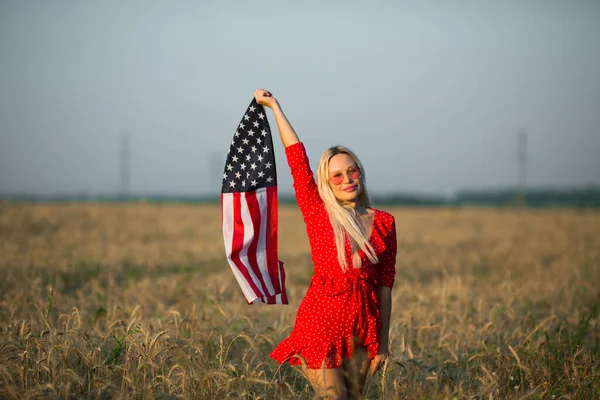 Beautiful Young Woman Red Dress Field Summer Pink Sunglasses Flag — Stock Photo, Image