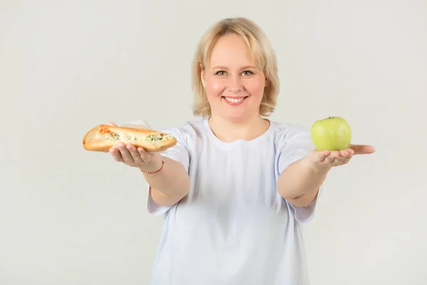 Beautiful Young Plump Woman White Shirt White Background Sandwich Apple — Stock Photo, Image