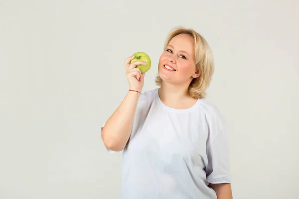 Beautiful Young Plump Woman White Shirt White Background Green Apple — Stock Photo, Image