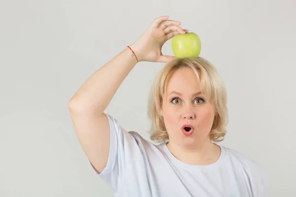 Beautiful Young Plump Woman White Shirt White Background Green Apple — Stock Photo, Image