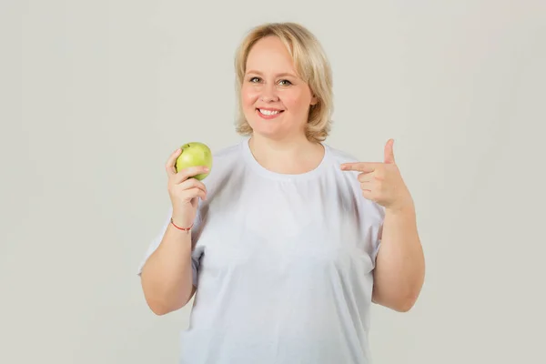 Beautiful Young Plump Woman White Shirt White Background Green Apple — Stock Photo, Image