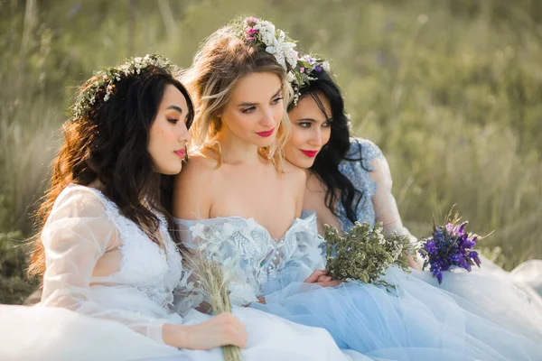 Három Gyönyörű Nők Esküvői Ruhák Természetben — Stock Fotó