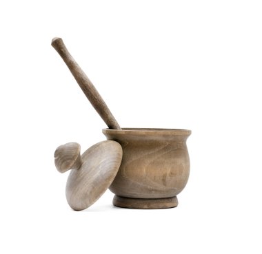 Beyaz arka plan üzerinde izole tahta kaşıkla ahşap pot.