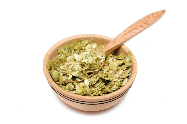 Granulated Green Hop Leaves Wooden Bowl Wood Spoon Isolated White — Stock Photo, Image