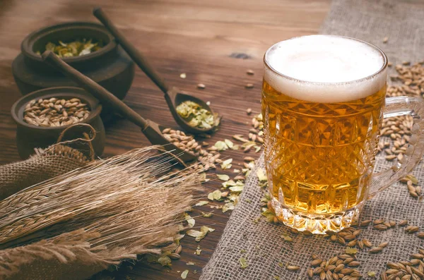 Kaltes Schaumbier Mit Malzkorn Grüne Hopfenblätter Den Töpfen Und Roggen — Stockfoto