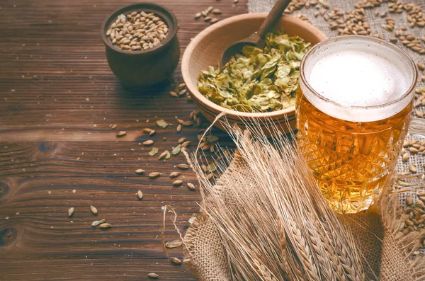 Cold foam beer with malt grain, green hop leaves in the pots and rye ears on burlap cloth on brown wooden table background.