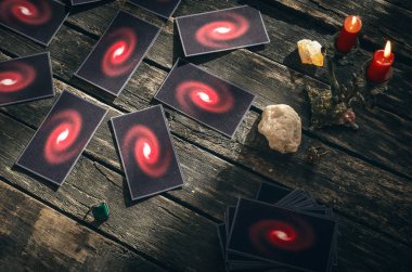 Tarot kartları fortune teller masada. Gelecekteki okuma. Kehanet kavramı.