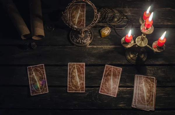 Tarot Kártyák Fortune Teller Asztali Asztali Háttér Futune Olvasó Koncepció — Stock Fotó