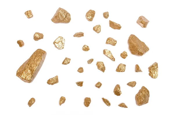 Золотые Самородки Изолированы Белом Фоне Покрашенные Золотой Краской Гранитные Камни — стоковое фото