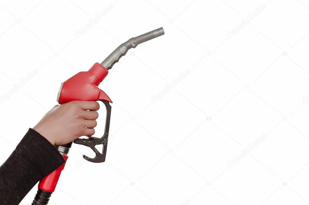 Man hand is holding a fuel nozzle isolated on white background.
