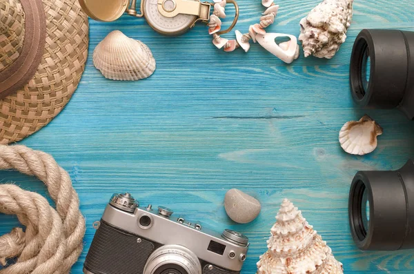 Fundo Férias Verão Com Espaço Cópia Chapéu Câmera Foto Bússola — Fotografia de Stock