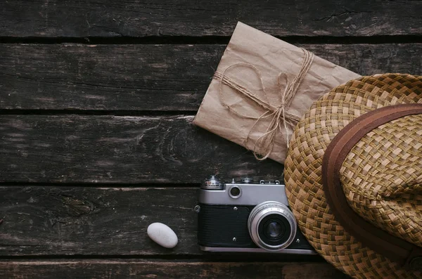 Página Livro Diário Turista Aventureiro Branco Velha Carta Envelope Câmera — Fotografia de Stock