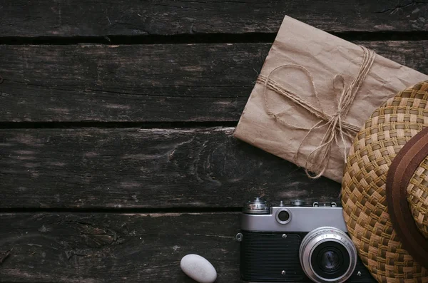 Página Livro Diário Turista Aventureiro Branco Velha Carta Envelope Câmera — Fotografia de Stock