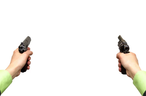 Two Gun Pistols Male Hands Isolated White Background First Person — Stock Photo, Image