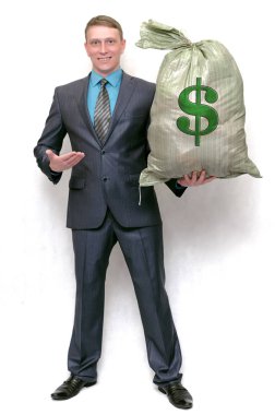 Business man with profit money bag. The lucky winner. Earnings from financial investments. clipart