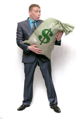 Business man with profit money bag. The lucky winner. Earnings from financial investments. clipart