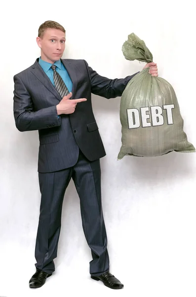 Geschäftsmann Und Schulden Geldbeutel Isoliert Auf Weißem Hintergrund Das Schuldenkonzept — Stockfoto