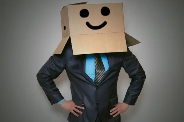 Businessman Hides His Face Cardboard Box His Head Drawn Happy — Stock Photo, Image