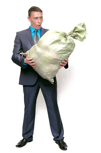 Homem Mais Limpo Com Saco Lixo Isolado Fundo Branco Conceito — Fotografia de Stock