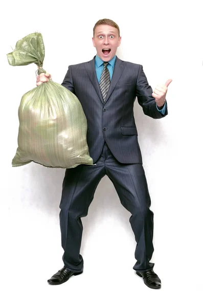 Καθαριστικό Άνθρωπος Σκουπίδια Σακούλα Σκουπιδιών Που Απομονώνονται Λευκό Φόντο Καθαρισμός — Φωτογραφία Αρχείου