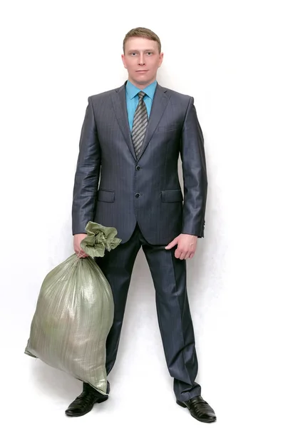 Čistší Muž Odpadky Popelnici Izolované Bílém Pozadí Úklidové Agentury Koncept — Stock fotografie