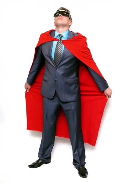 Super Héroe Hombre Mira Hacia Arriba Aislado Sobre Fondo Blanco —  Fotos de Stock