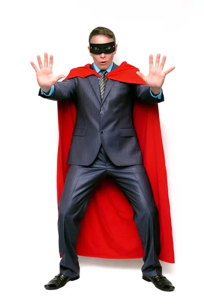Super Herói Homem Mãos Dadas Frente Dele Empurra Espaço Cópia — Fotografia de Stock