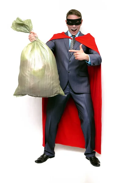 Superhelden Geschäftsmann Hält Eine Tüte Voller Geld Oder Papierkorb Mit — Stockfoto