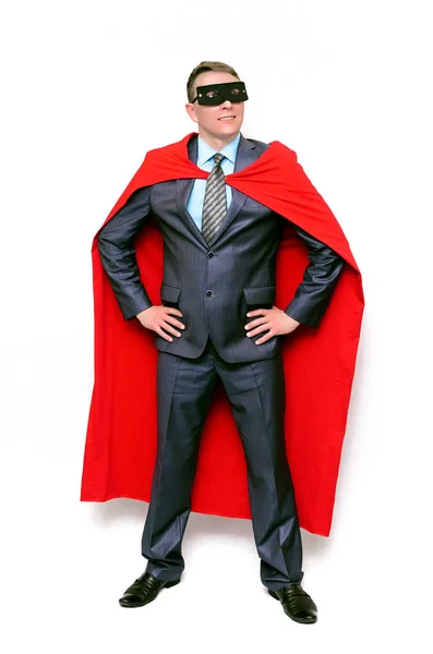Selbstbewusster Und Lächelnder Superheldenmann Auf Weißem Hintergrund — Stockfoto