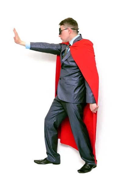 Super Bohater Człowiek Trzyma Ręce Przed Siebie Popycha Kopia Miejsce — Zdjęcie stockowe