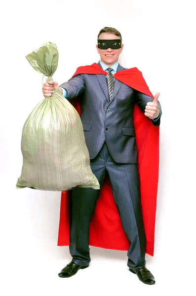 Super Herói Homem Negócios Está Segurando Saco Cheio Dinheiro Lixo — Fotografia de Stock