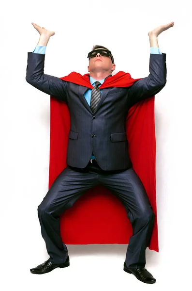Superhelden Geschäftsmann Hält Einen Kopierraum Über Seinem Kopf Isoliert Auf — Stockfoto