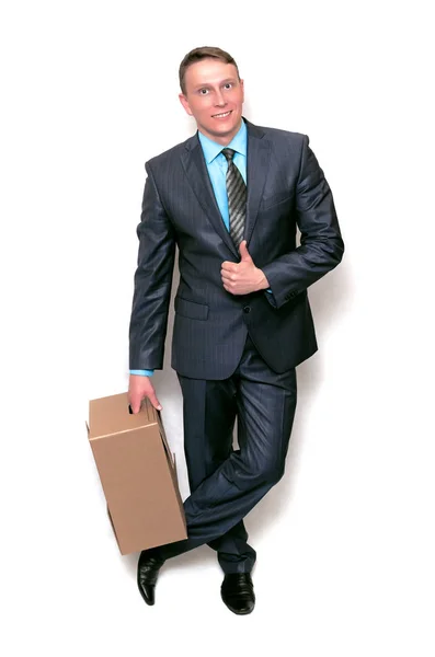 Hombre Entrega Feliz Sostiene Las Manos Paquete Caja Cartón Aislado —  Fotos de Stock